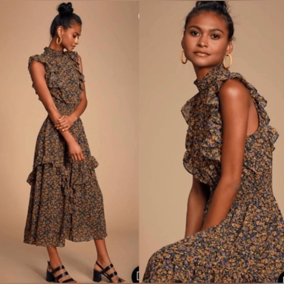 Lulus Dresses & Skirts - NWT LULU’S Evalina Mustard Purple Floral Ruffle Dress